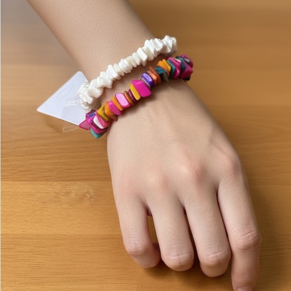 NWT Pink & White Puka Shell Bracelet Set – Stretch Beach Surfer Boho Jewelry - Picture 4 of 6